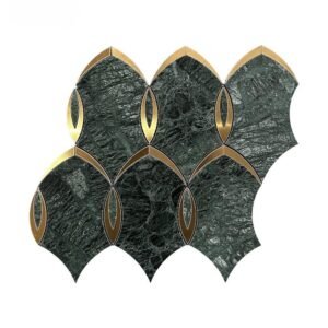 Luxury Dark Green Marble Mosaic Tile with Gold Brass Inlay Water-Jet Petal Backsplash Wall