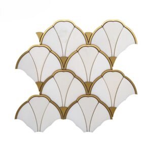 Luxury White Carrara Marble Fan Mosaic Tile with Brass Gold Inlay Art Deco Fish Scale Backsplash